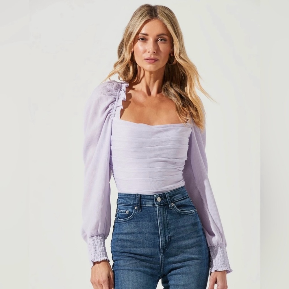 astr the label puff sleeve square neck top pale purple size xl